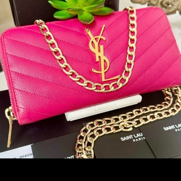 Saint Laurent YSL Monogram Zip Around Wallet with Chain Bubblegum - Picture 4 of 14